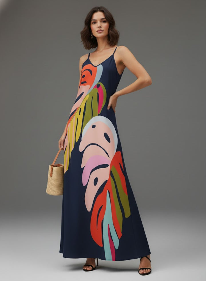 Navy Blue Bold Printed Vacation Dress