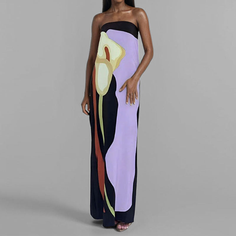 Purple Placement Print Off Shoulder Maxi Dress