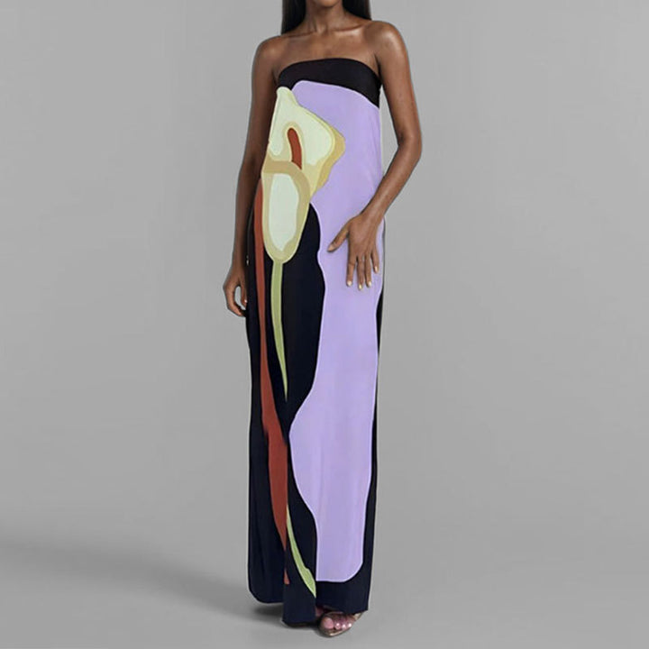 Purple Placement Print Off Shoulder Maxi Dress