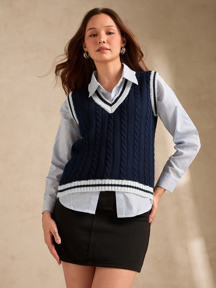 Navy Blue Varsity Contrast Tipping Sweater