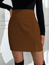 Brown Textured Knit Side Slit Skirt