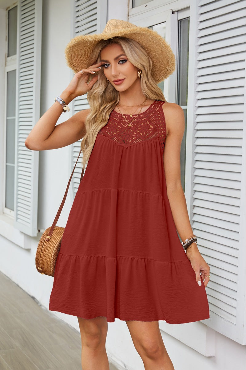 Red Lace Inserts Tiered Mini Dress