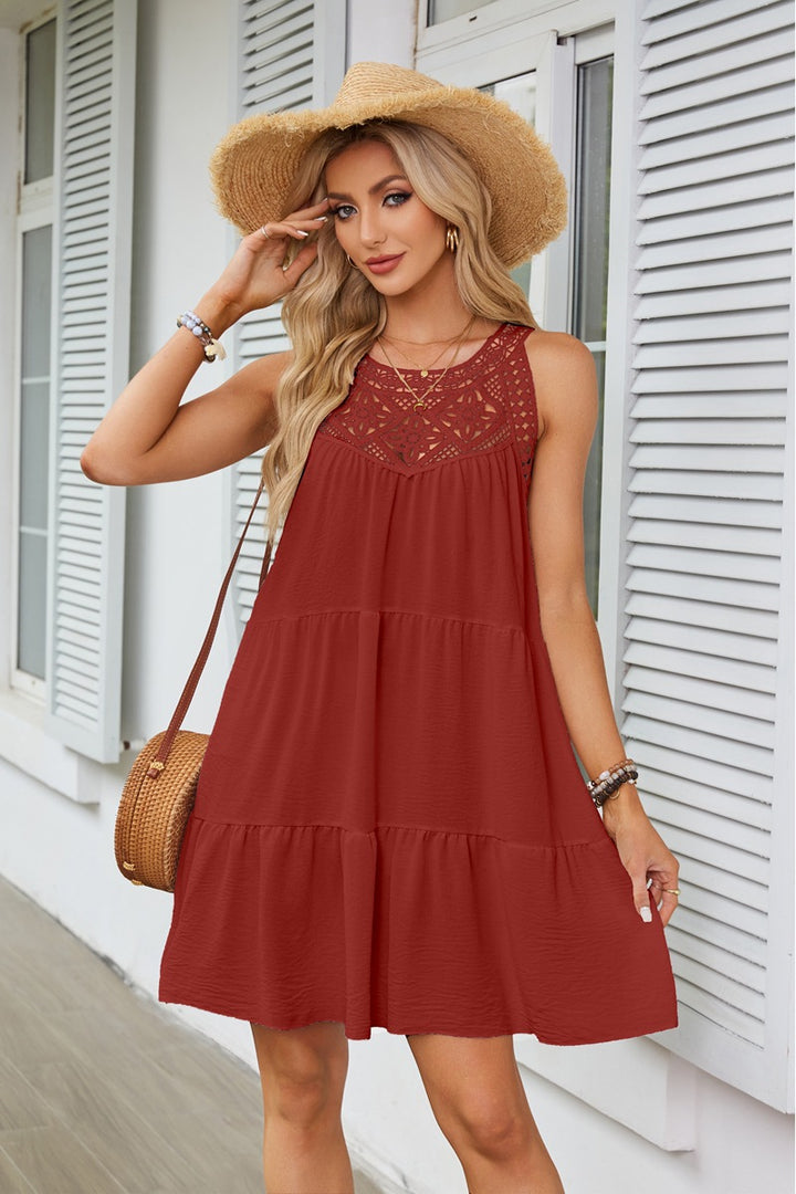 Red Lace Inserts Tiered Mini Dress