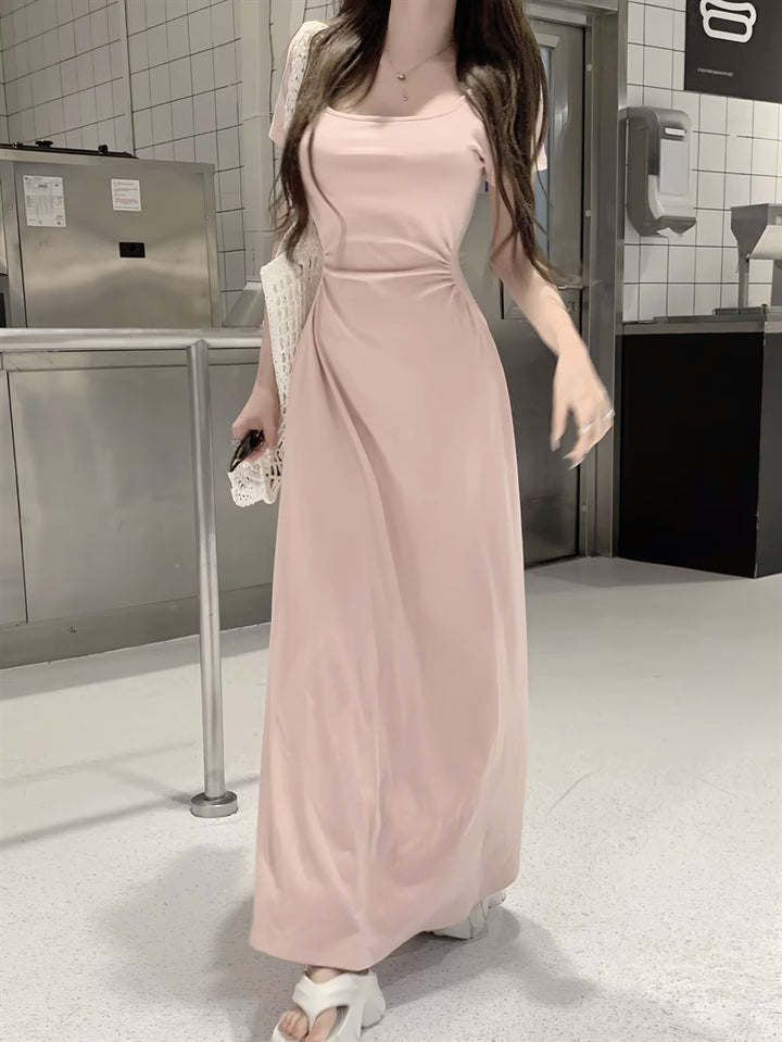 Pink Wide Neck Sinched Waist Maxi Dress