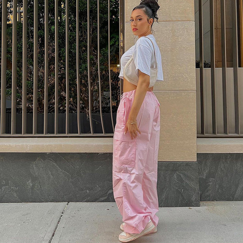 Pink Solid Parachute Pants