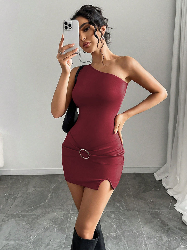 Red One Off Shoulder Metal Dress