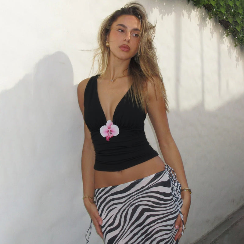 Black Deep V Ruched Tank Top