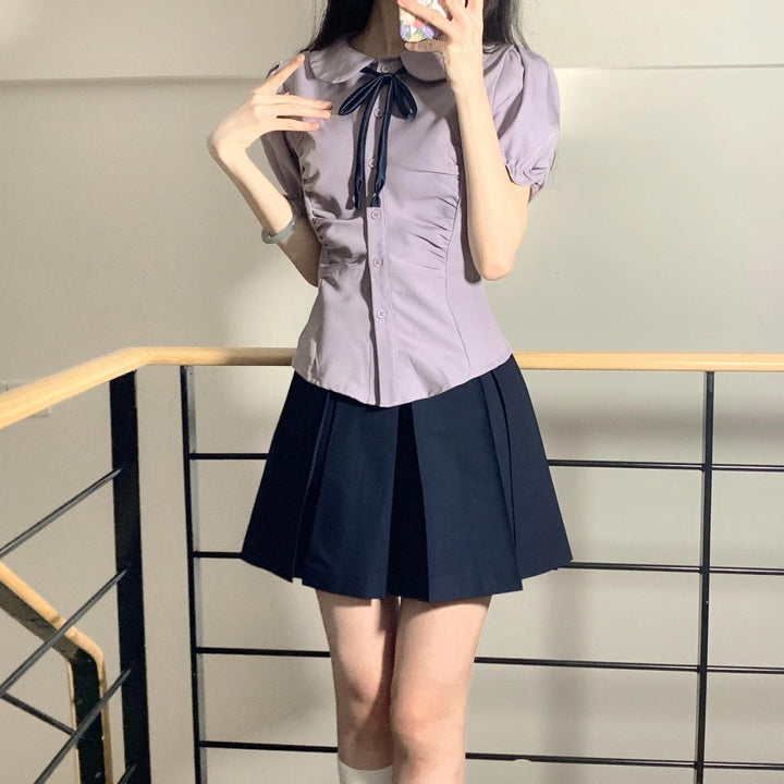 Grey Fitted Shirt With Puff Sleeves