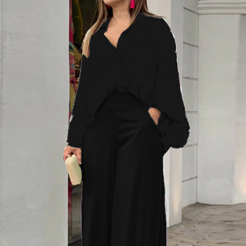 Black Printed Shirt And Solid Wide Leg Trouser Co-Ord Set