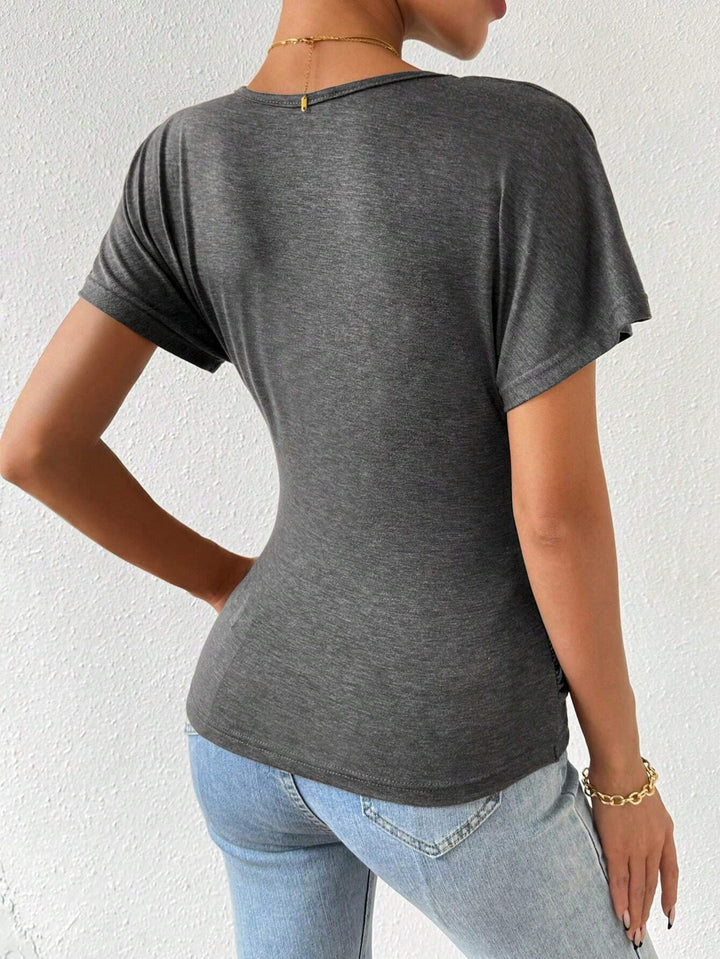 Grey V- Neck Ruched Knit Top