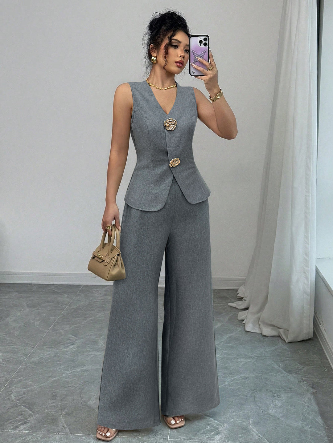 Grey Sleeve Vest And Pant Set