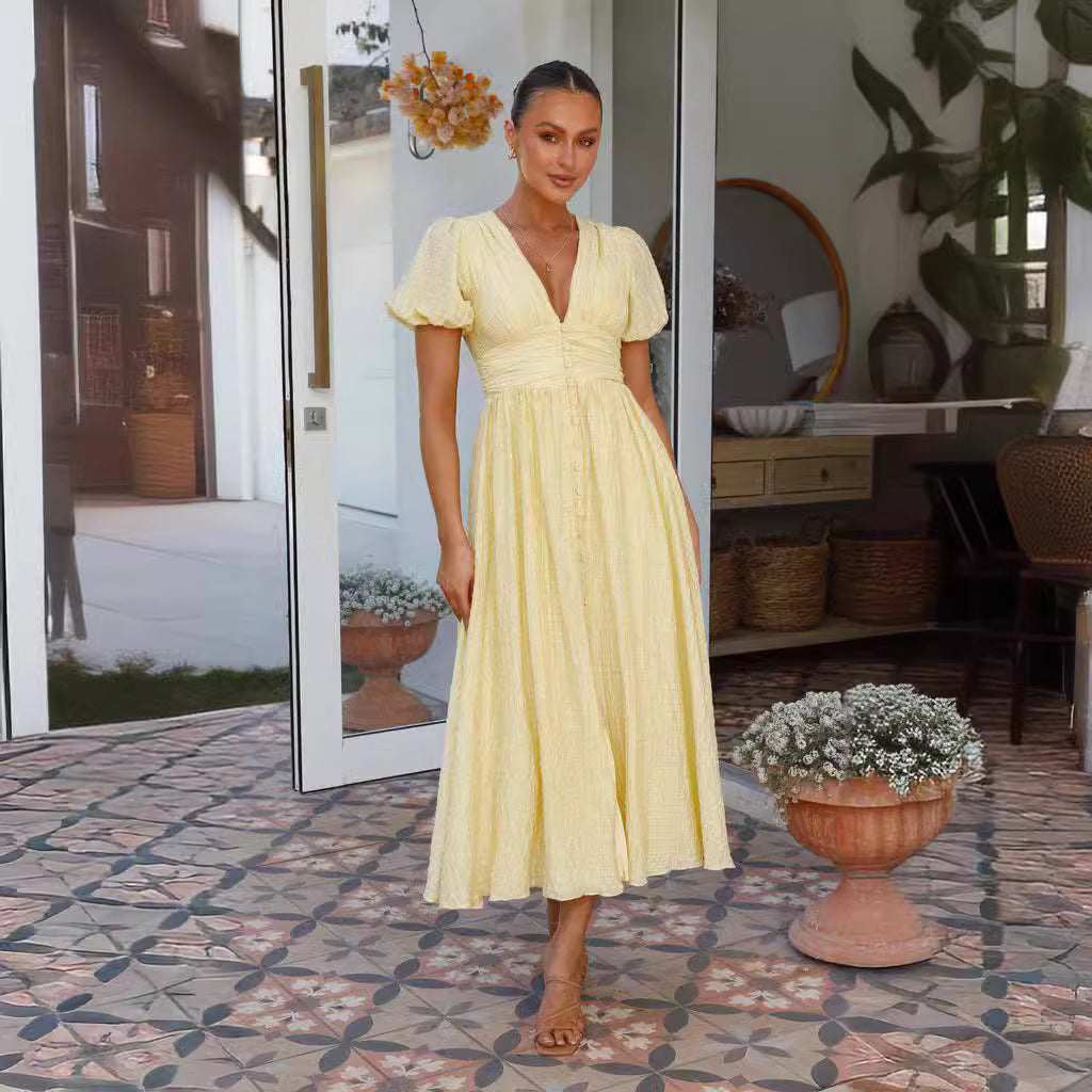 Yellow Plunge Neck Cinched Waist Dress