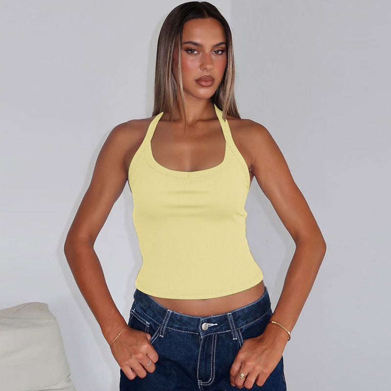 Yellow Halter Neck Ribbed Tank Top