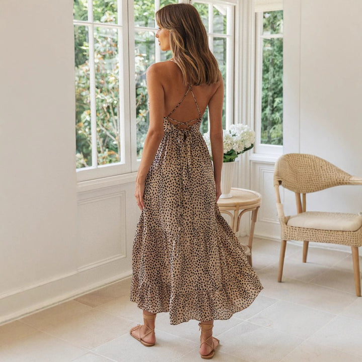 Beige Mini Polka Dotted Maxi Dress