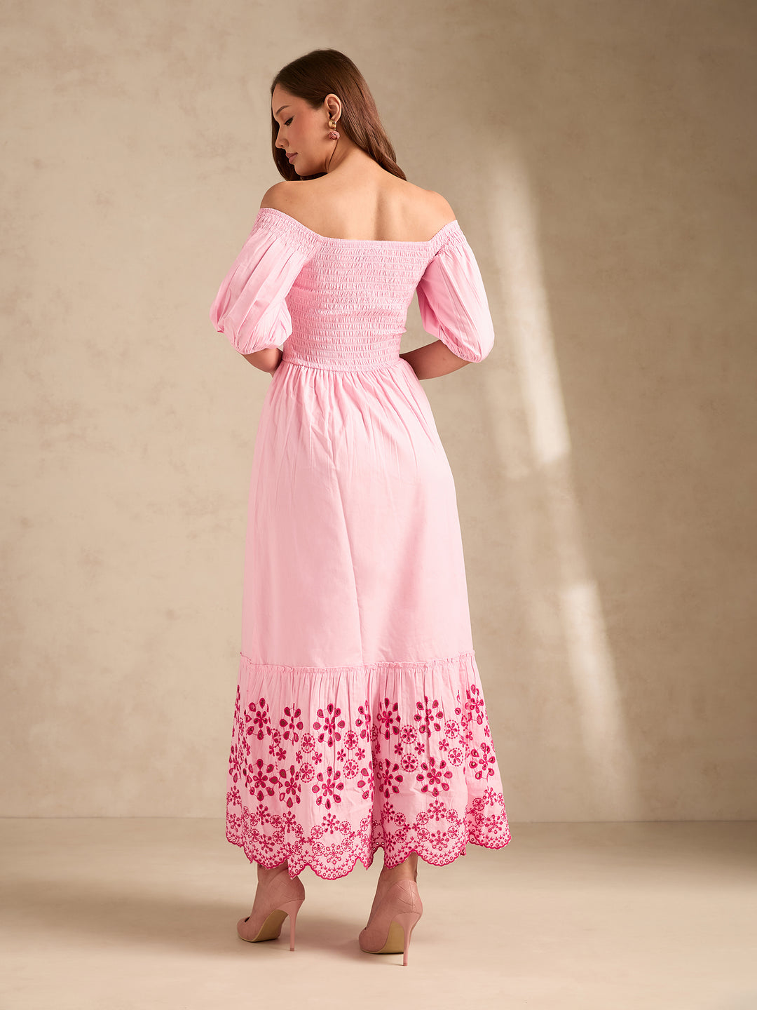 Pink Maxi Dress With Contrast Schiffli