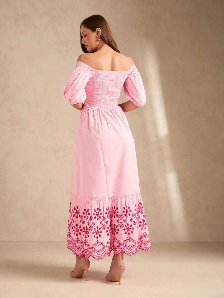 Pink Maxi Dress With Contrast Schiffli