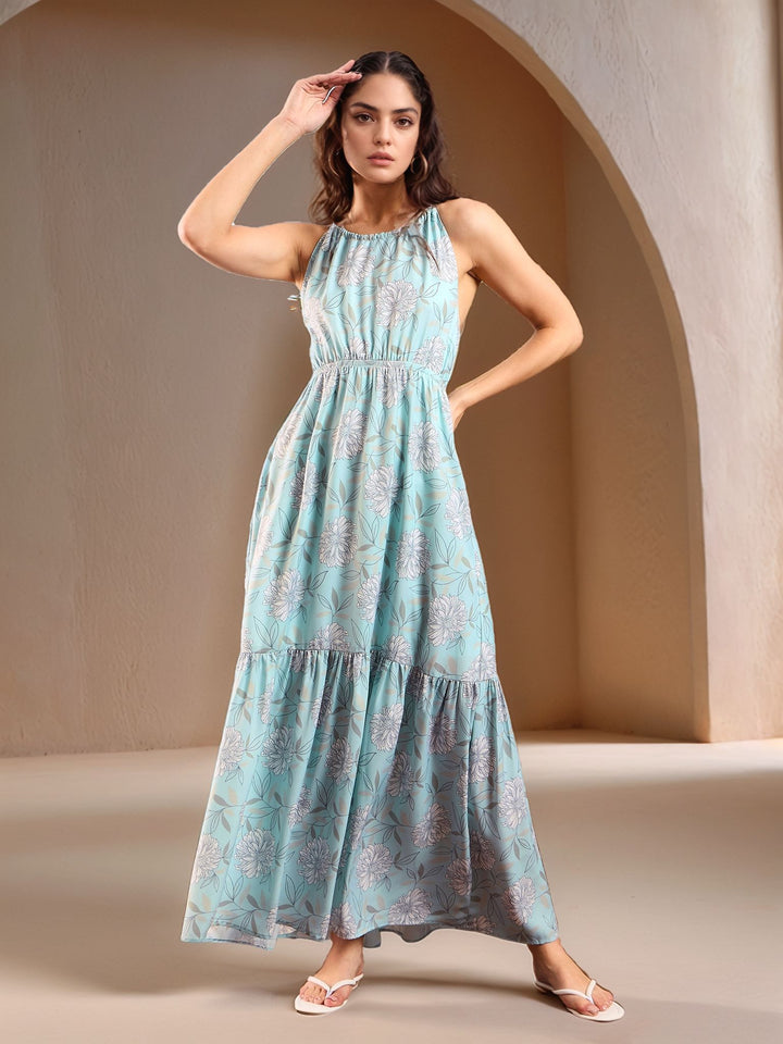 Blue Sleeveless Abstract Printed Dress