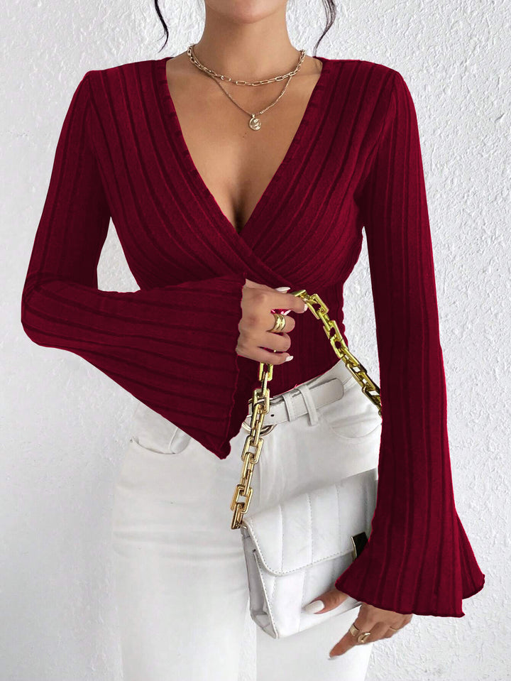 Wine V-Neck Bell Sleeved Knit Top