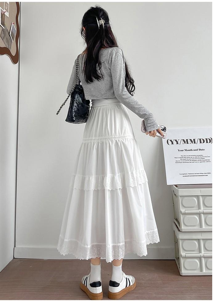 White A Line Midi Skirt With Lace Detail