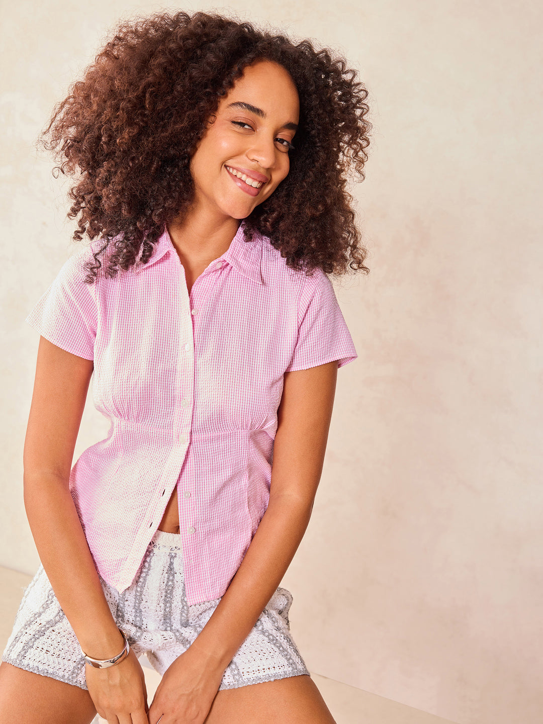 Pink Half Sleeve Fitted Check Shirt