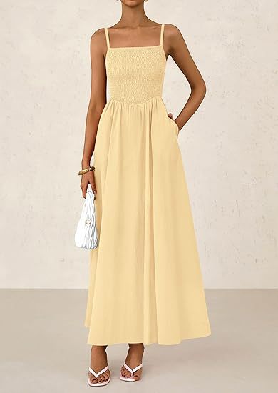 Yellow Strappy Square Neck Cinched Waist Dress With Pockets