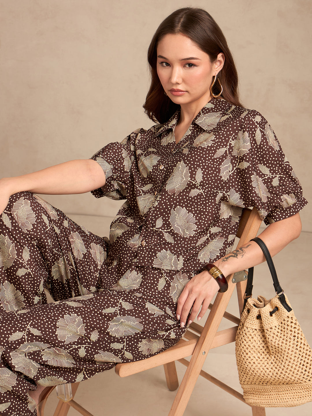 Brown All Over Printed Co-Ord Set With Puff Sleeves