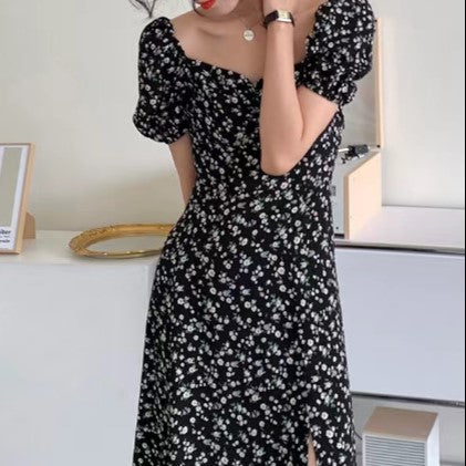 Black Dress With Smocking Slit And Puff Sleeves Detailing