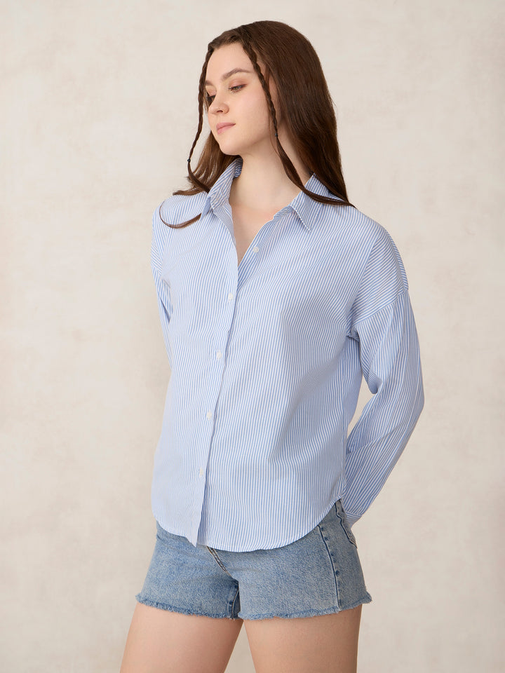 White Oversized Drop Shoulder Stripe Shirt