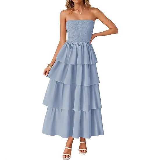 Blue Tube Smoked Dress With Ruffled Layers
