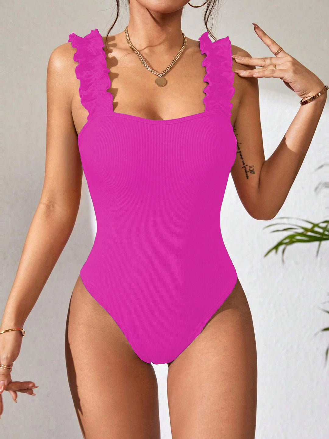 Magenta Square Neck Ruffle Bodysuit