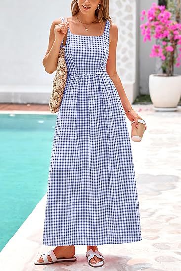 Blue Striped Square Neck Cinched Waist Dress