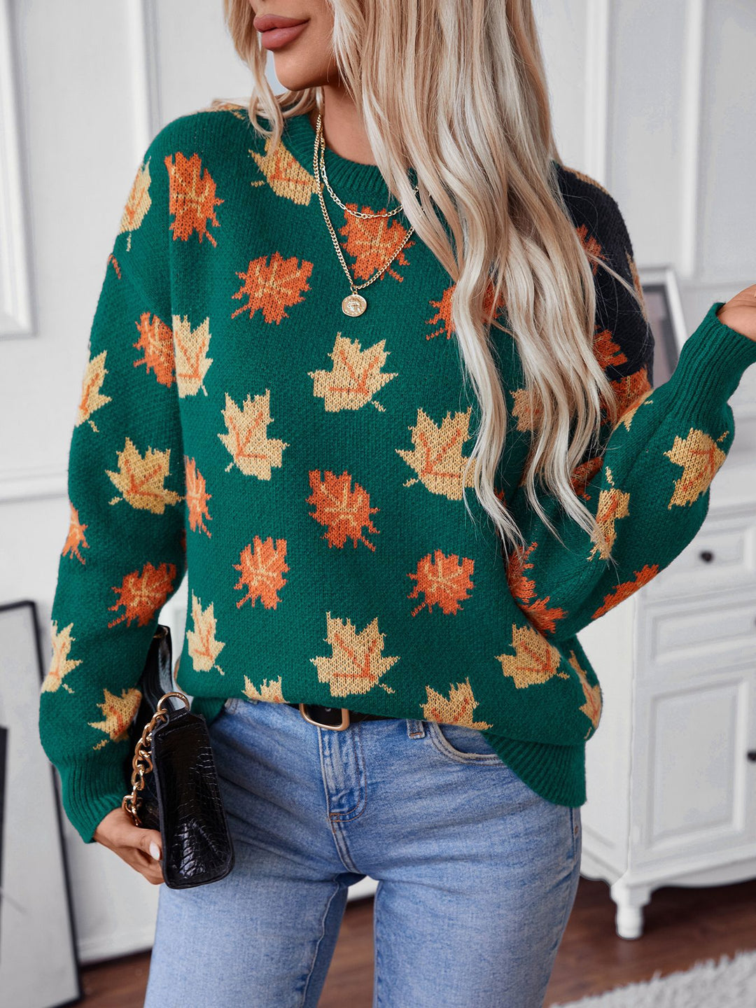 Green Full Sleeves Printed Sweater
