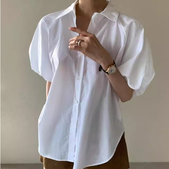 White Bubble Hem Sleeve Shirt