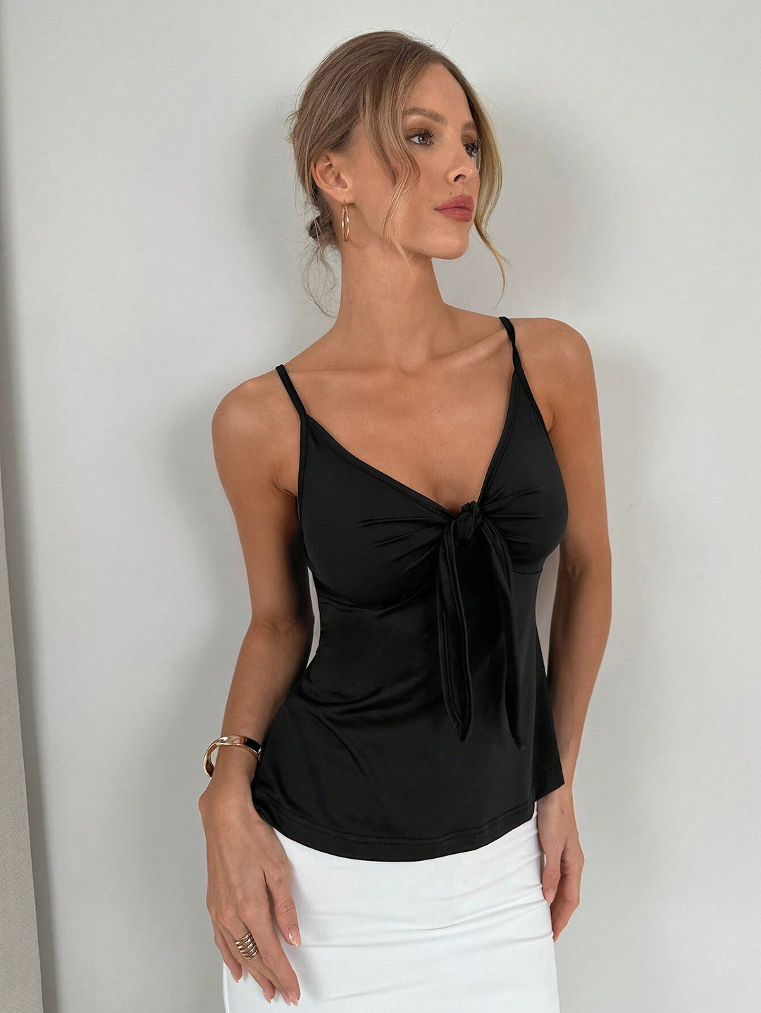 Black Strappy Front Knotted Cami Top