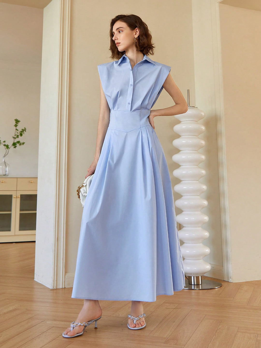 Blue Front Button Shirt Style Sleeveless Dress