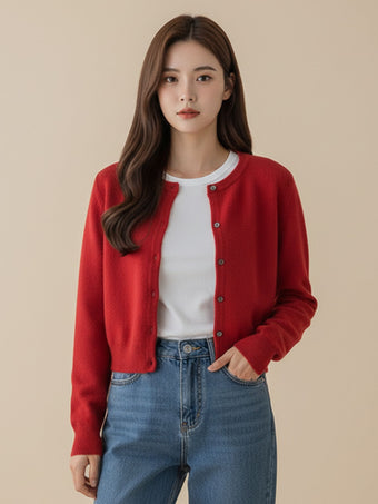 Red Full Sleeve Front Buttoned Slouchy Cardigan