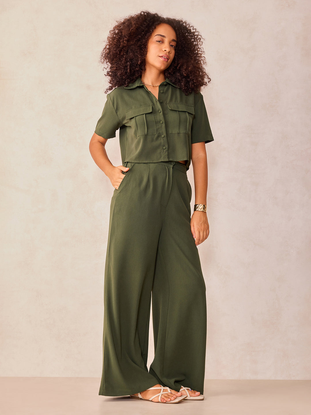 Olive Crop Shirt And Wide Leg Pant Coord Set