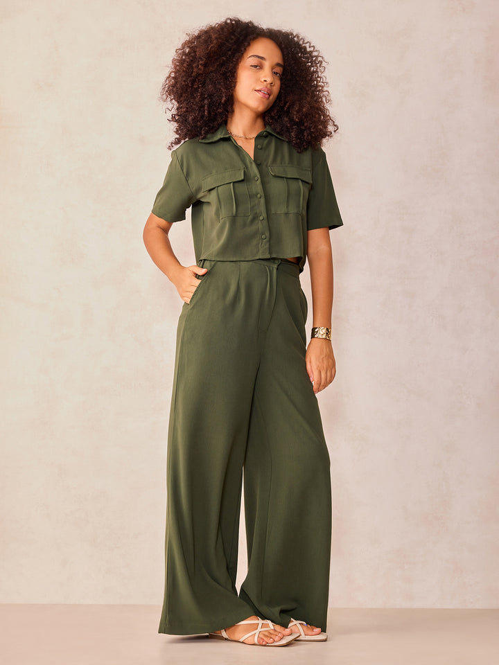 Olive Crop Shirt And Wide Leg Pant Coord Set