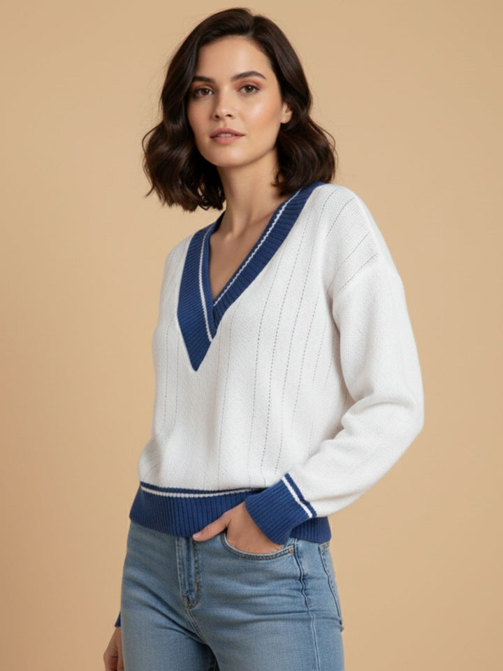 White Full Sleeve Contrast Sweater