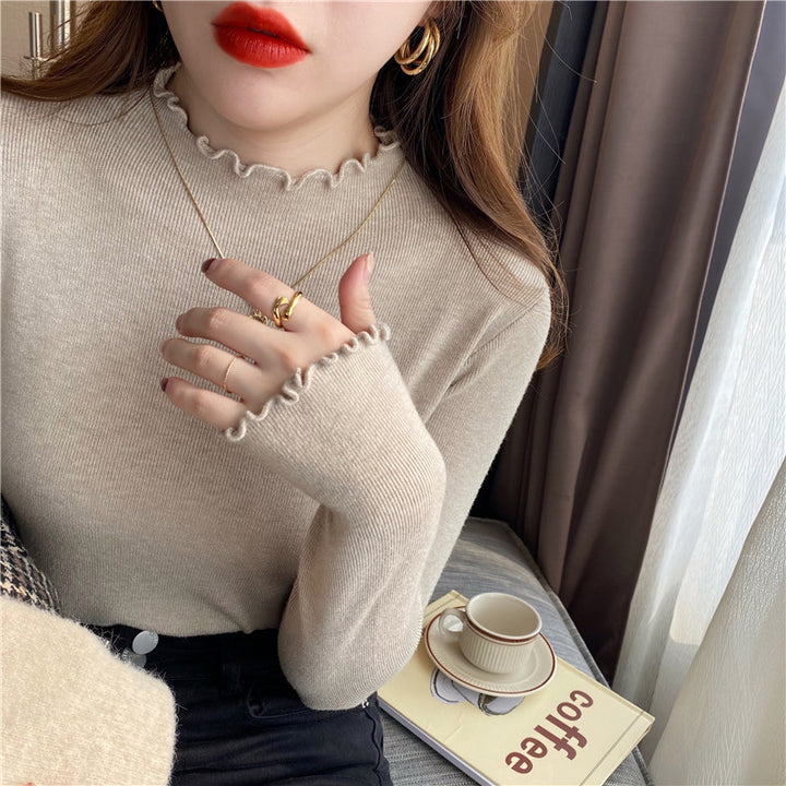 Cream Full Sleeve Scallop Hem Mock Neck Fitted Top