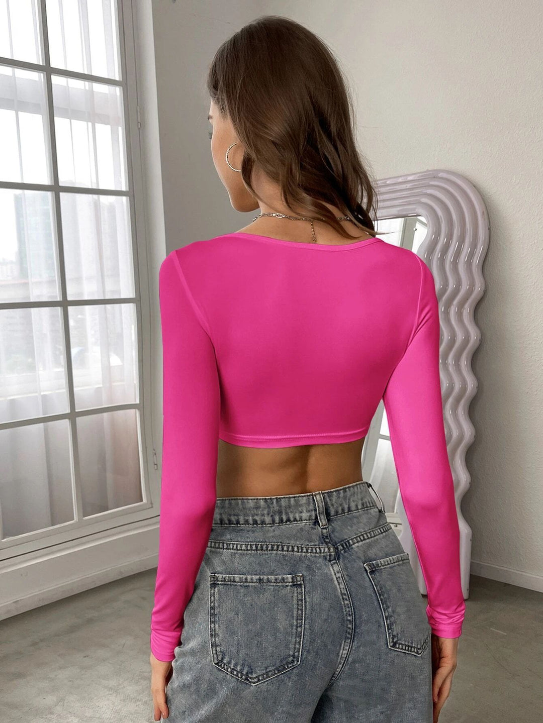 Pink Full Sleeve Round Scoop Neck Crop Top