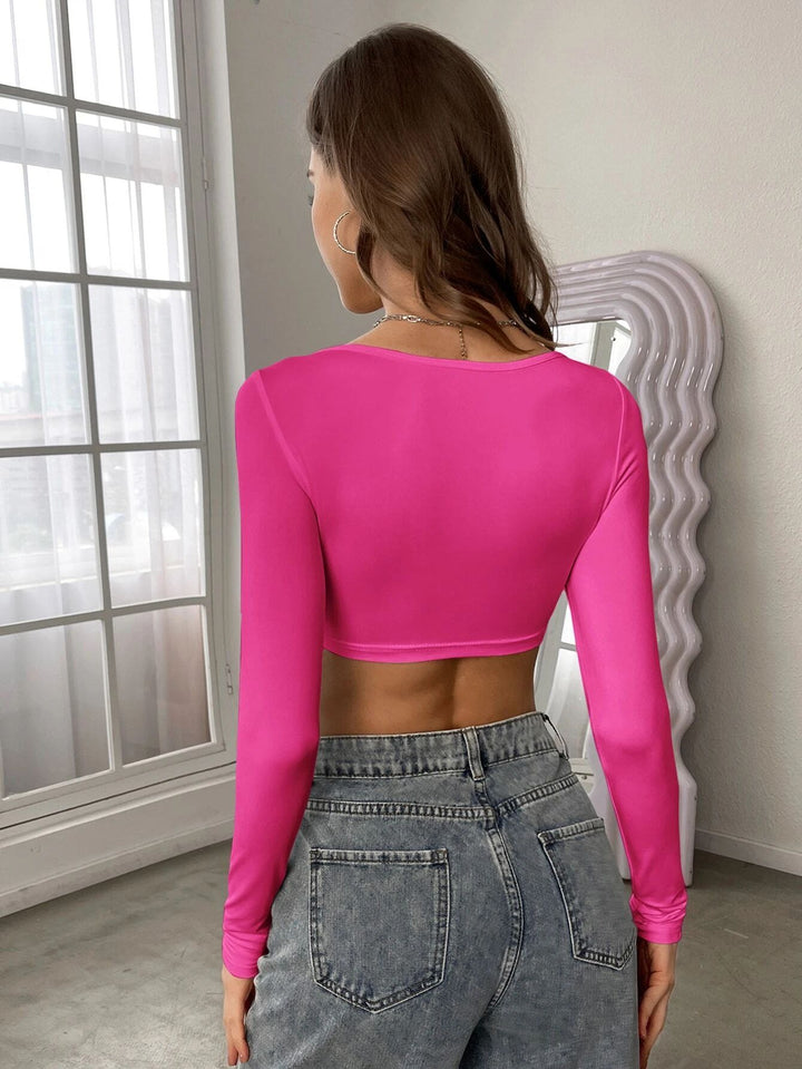 Pink Full Sleeve Round Scoop Neck Crop Top