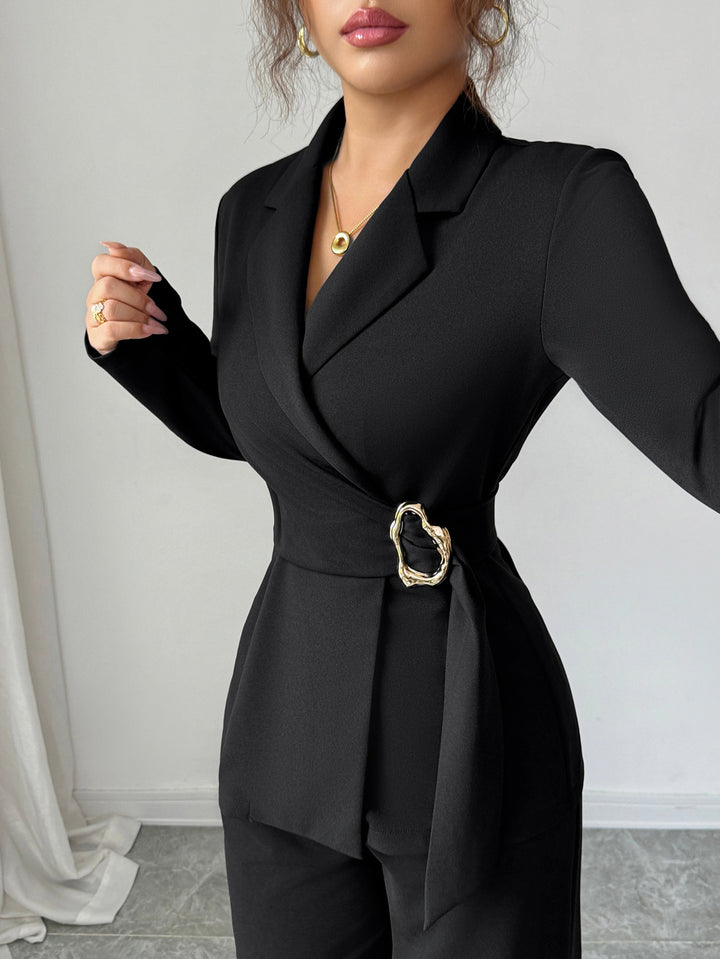 Black Full Sleeve Belted Detail Top And Pant Set