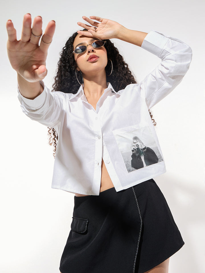 White Cropped Printed Shirt
