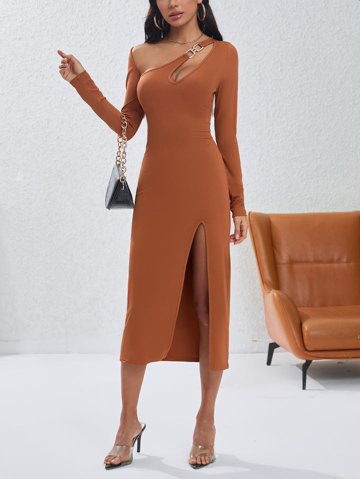 Brown Side Neck Cut Out Bodycon Dress