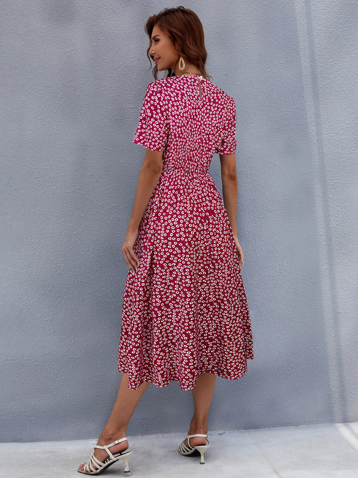 Pink Ditsy Print Waist Seam Fit And Flare Dress