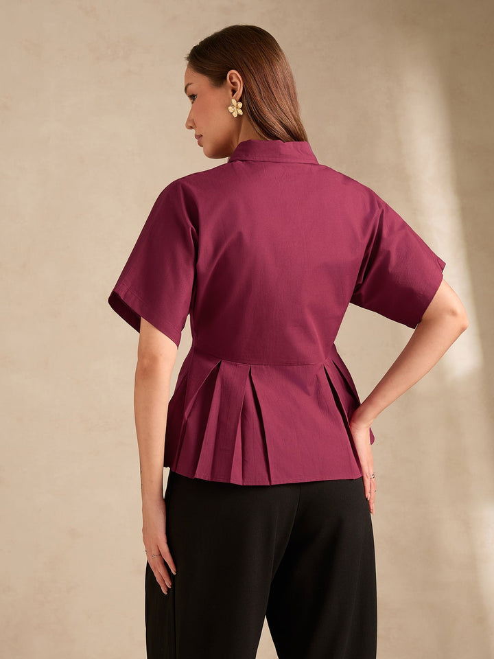 Wine Cinched Waist Utility Blouse