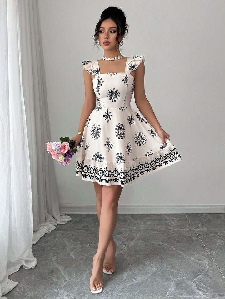 White Printed Ruffle Sleeve Dress