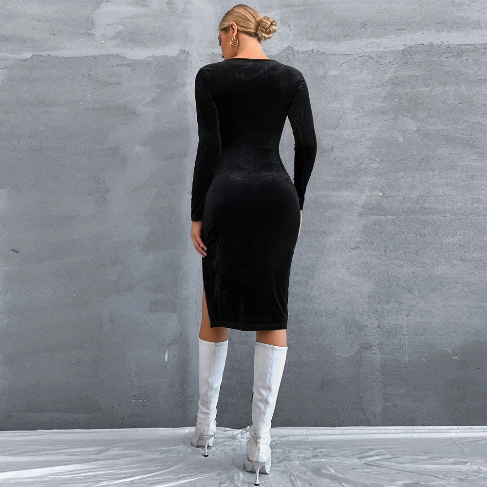 Black Full Sleeved Square Neck Bodycon Dress