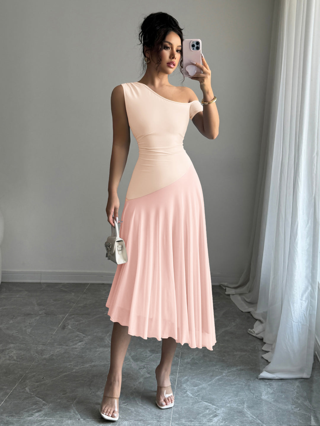 Pink One Shoulder Sleeveless Pleated Dress